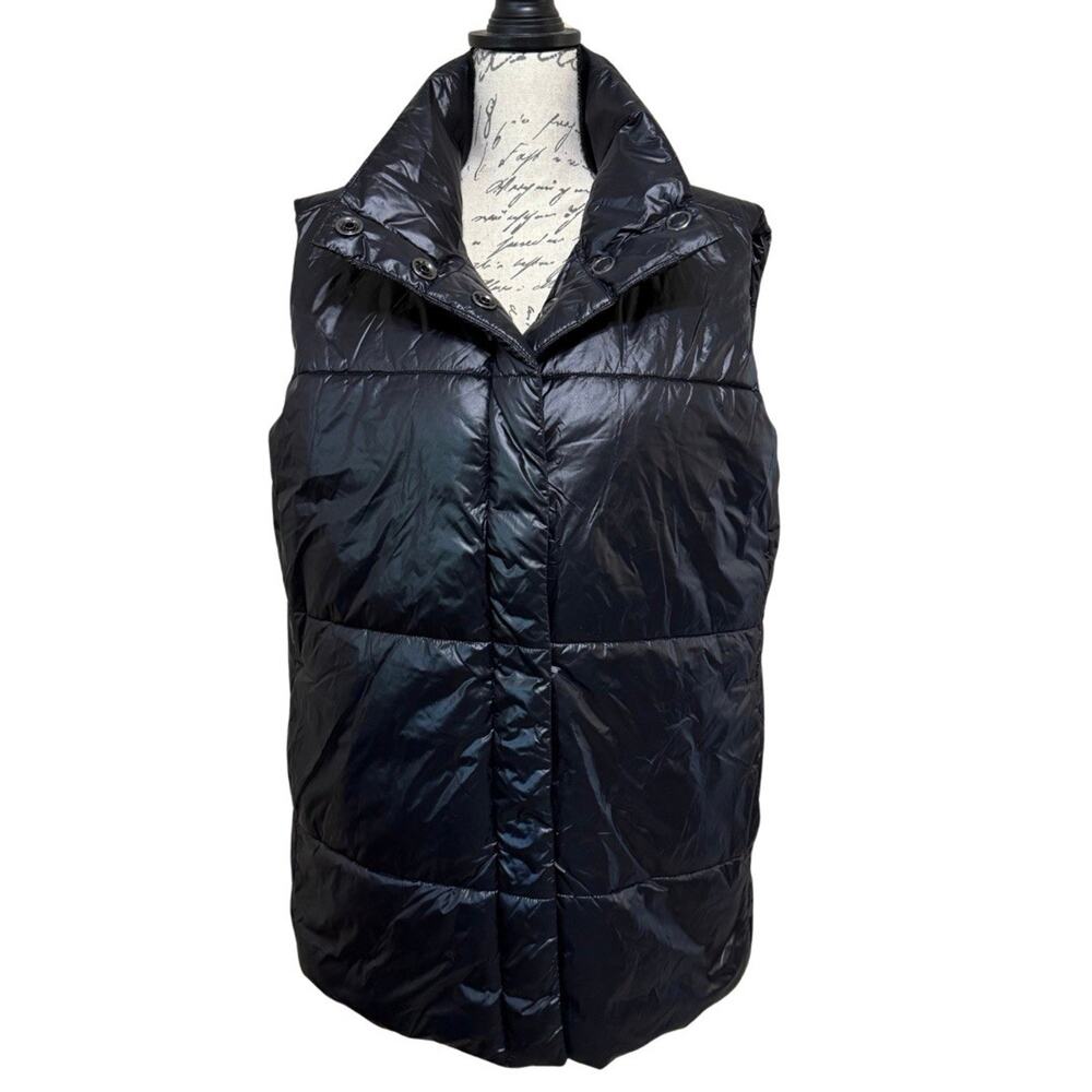Ann Taylor Factory Long Puffer Vest Size M Black High Shine Quilted Snap NWT